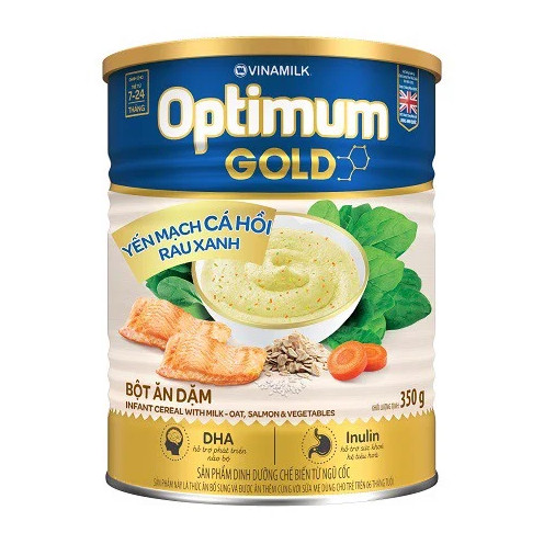 Bột ăn dặm Optimum Gold Yến mạch cá hồi rau xanh – hộp thiếc 350g