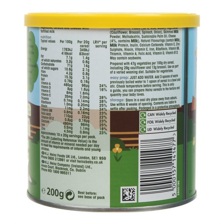 Thành phần & Công dụng Bột ăn dặm Heinz Bữa tối khởi đầu Ngũ cốc súp lơ bông cải xanh và phô mai (6m+) - hộp thiếc 200g